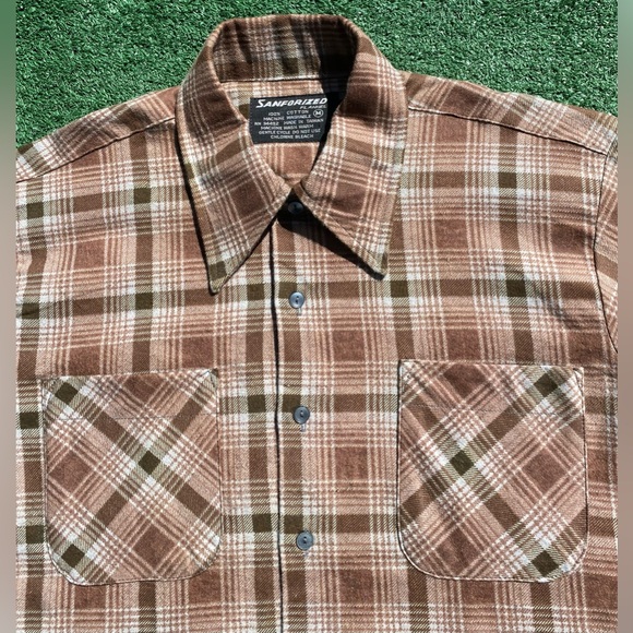 Vintage 60’s Sanforized Brown Plaid Cotton Flannel Lightweight Shirt Mens Medium - Picture 4 of 9